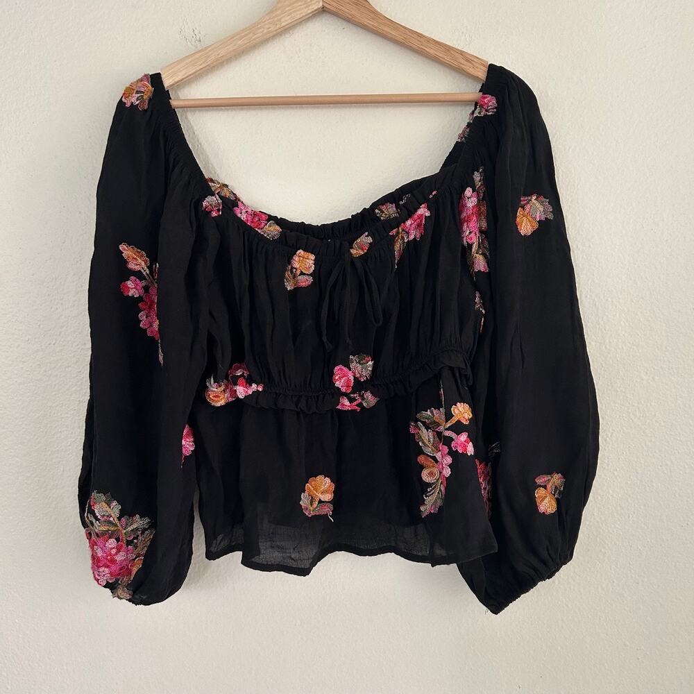 Wild Moss Crop Top L Black Floral Embroidered Boho Babydoll Peasant Festival Y2k - Picture 5 of 8